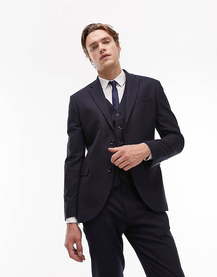 Topman skinny textured 3-piece suit in navy